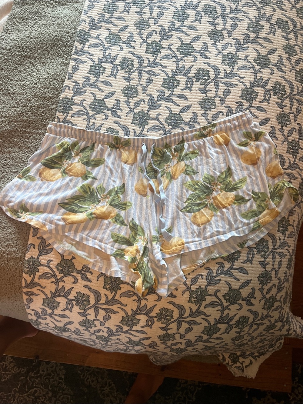 PJ Salvage Lemon Print Striped Sleep Shorts in Blue and Yellow